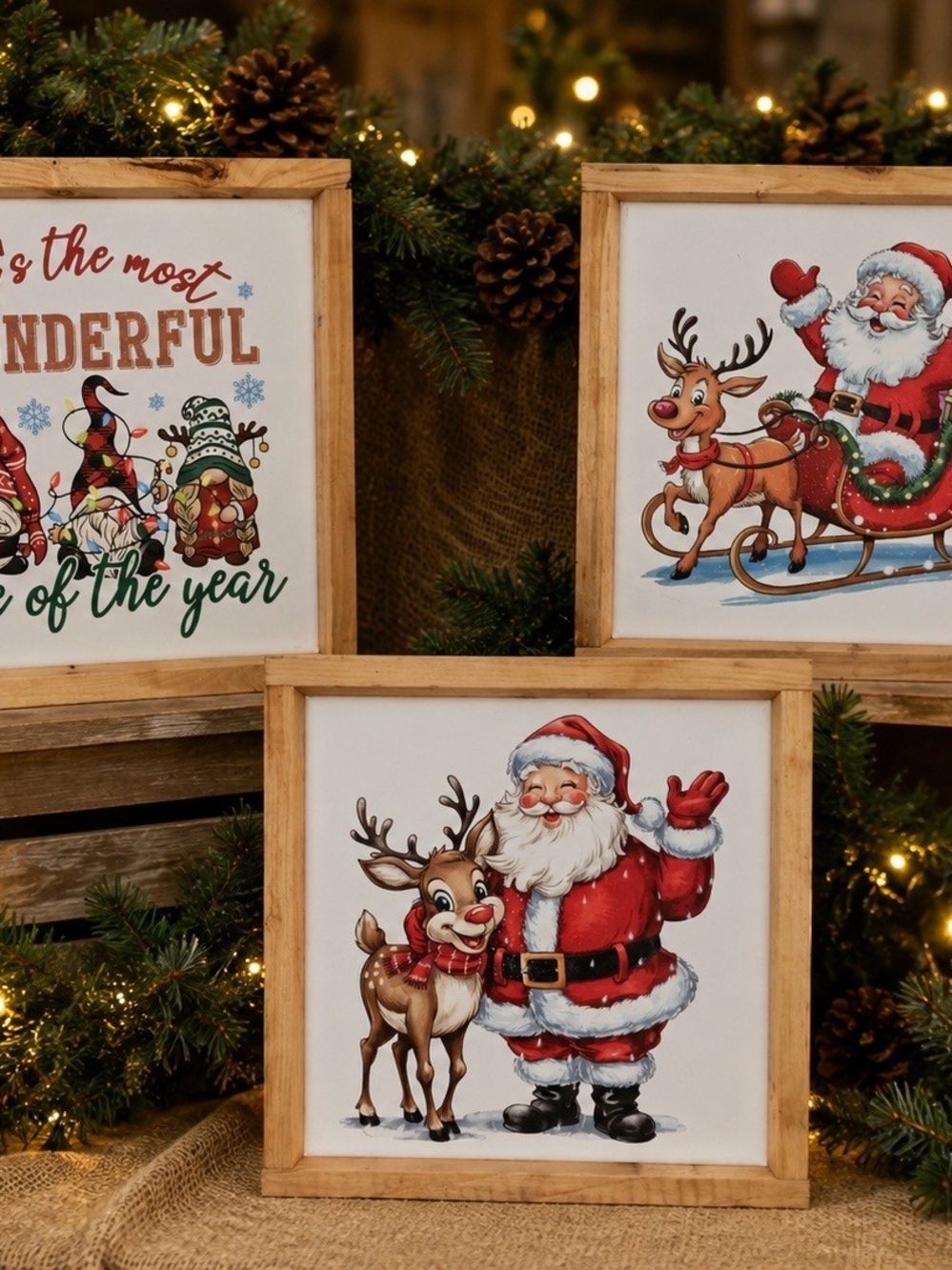 Festive Santa & Reindeer Framed Holiday Wall Art - Red